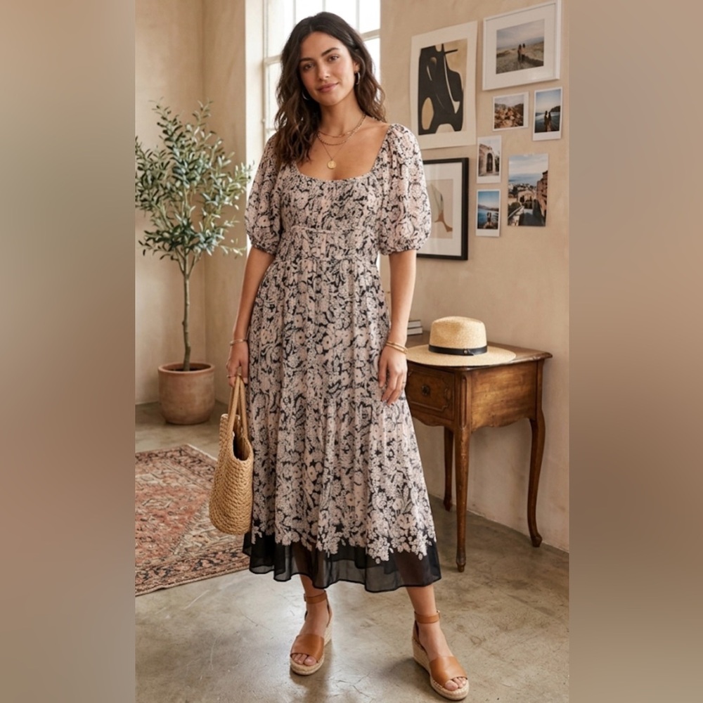 By Anthropologie Floral Smocked Tie Back Tiered Midi Dress Black Cream XL